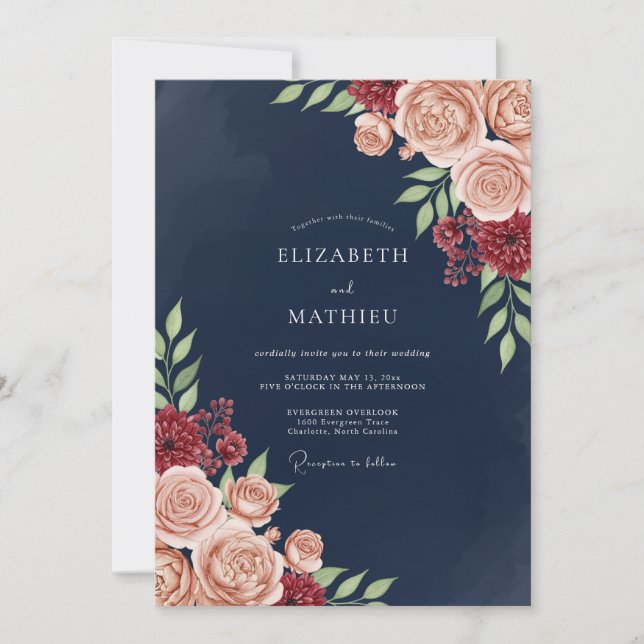 Navy Blush Bloom Romance Wedding Einladung (Vorderseite)