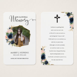 Navy Blush Blossom Photo Memorial Prayer Cards