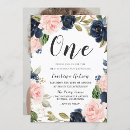 Navy Blush Blume 1. Geburtstag Party Junge oder Mä Einladung
