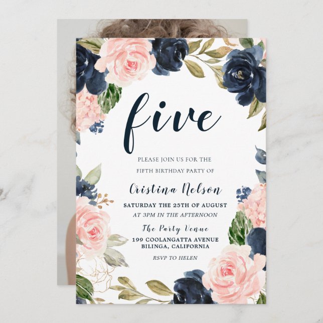 Navy Blush Blume 4. 5. 6. Geburtstag Einladung (Vorne/Hinten)
