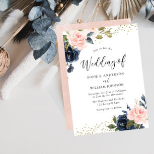 Navy & Blush Blume Glitzer Einladung Hochzeit