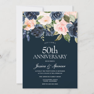 Navy & Blush Blumen 50. Hochzeitstag Einladung