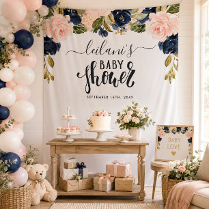 Navy-Blush-Blumen-Baby-Party Wandteppich