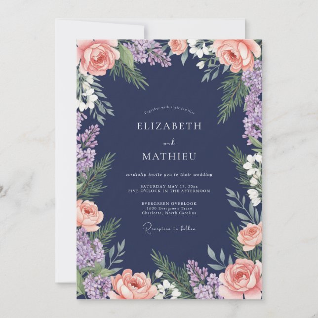 Navy-Blush-Blumen-Hochzeit Einladung (Vorderseite)