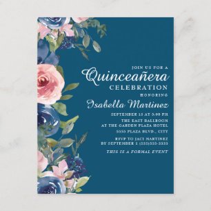 Navy Blush Blumengrün Blätter Quinceañera Einladung