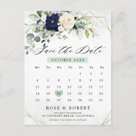 Navy Blush Blumengrün Kalender Save the Date Postkarte