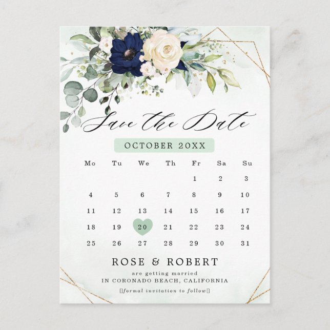 Navy Blush Blumengrün Kalender Save the Date Postkarte (Vorderseite)