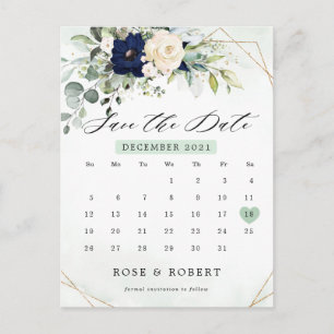 Navy Blush Blumengrün Kalender Save the Date  Postkarte