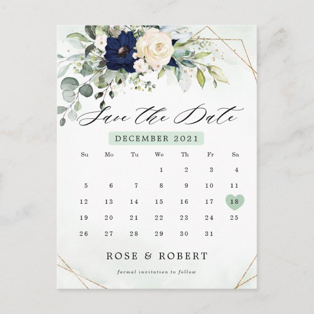 Navy Blush Blumengrün Kalender Save the Date Postkarte (Vorderseite)