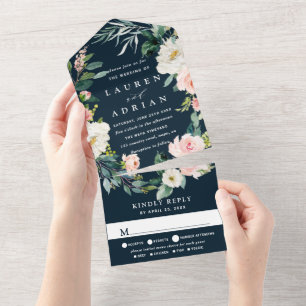 Navy-Blush-Blumenkranz-Hochzeitseinladung All In One Einladung