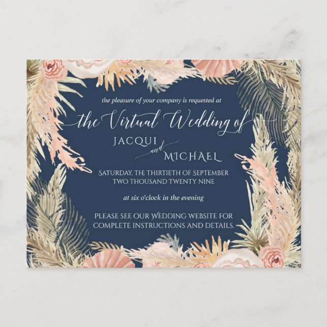 Navy Blush Bohemisch Pampas Floral Virtual Wedding Postkarte (Vorderseite)