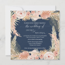Navy Blush BOHO Rose Peony Floral Pampas Grass Einladung