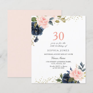 Navy & Blush Budget 30. Geburtstag Einladung
