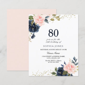 Navy & Blush Budget 80. Geburtstag Einladung