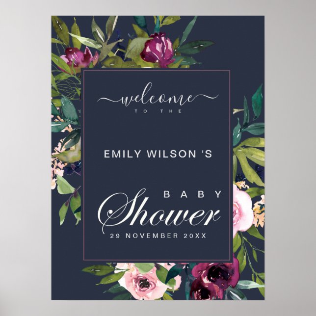 NAVY BLUSH BURGUNDY FLORAL BABY SHOWER WILLKOMMEN POSTER (Vorne)