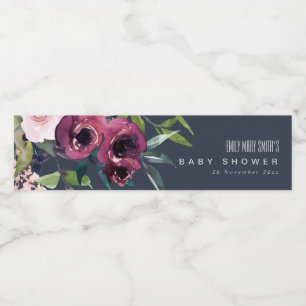 NAVY BLUSH BURGUNDY FLORAL BUNCH BABY SHOWY WASSERFLASCHENETIKETT