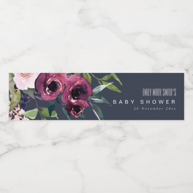 NAVY BLUSH BURGUNDY FLORAL BUNCH BABY SHOWY WASSERFLASCHENETIKETT (Einzelnes Label)