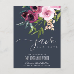 NAVY BLUSH BURGUNDY FLORAL BUNCH SAVE THE DATE ANKÜNDIGUNGSPOSTKARTE