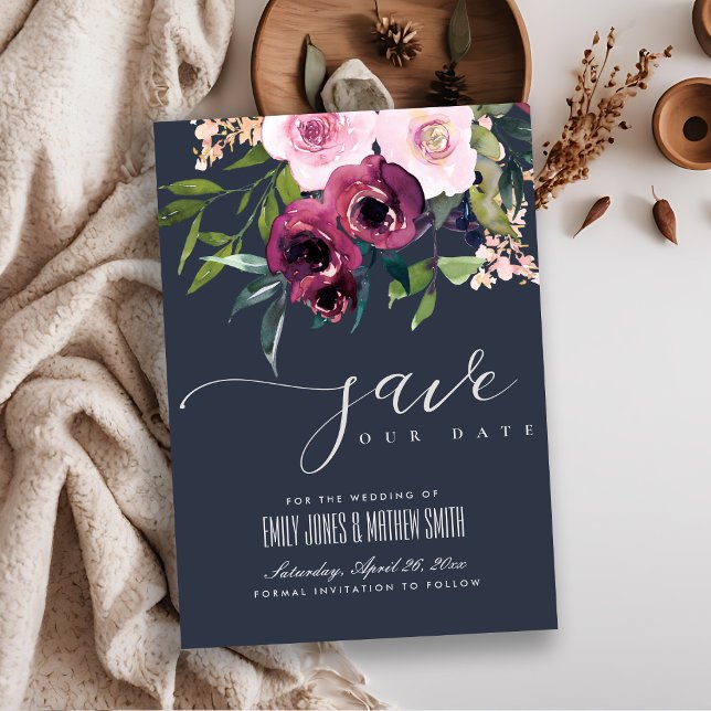 NAVY BLUSH BURGUNDY FLORAL BUNCH WEDING SAVE THE DATE (Von Creator hochgeladen)