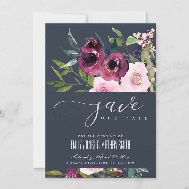 NAVY BLUSH BURGUNDY FLORAL BUNCH WEDING SAVE THE DATE (Vorderseite)