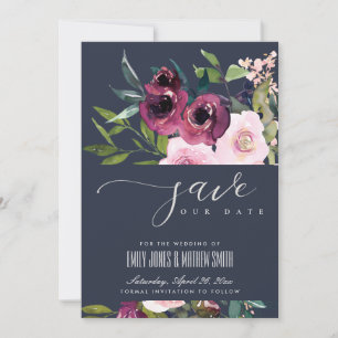 NAVY BLUSH BURGUNDY FLORAL BUNCH WEDING SAVE THE DATE