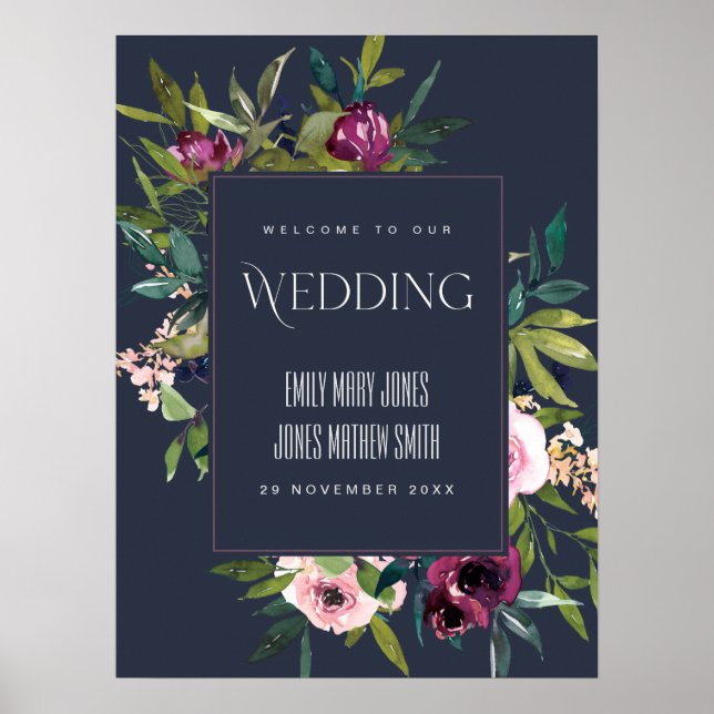 NAVY BLUSH BURGUNDY FLORAL BUNCH WEDING WILLKOMMEN POSTER (Vorne)