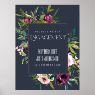 NAVY BLUSH BURGUNDY FLORAL VERLOBUNG WILLKOMMEN POSTER