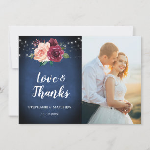 Navy Blush Burgundy Rose Lights Foto Hochzeit Dankeskarte
