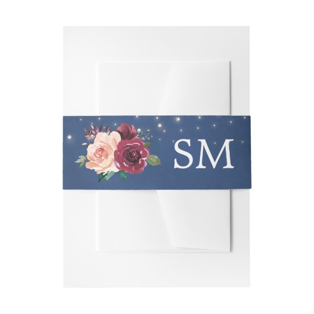 Navy Blush Burgundy Rose Lights Wedding Monogram Einladungsbanderole (Vorderseite Beispiel)