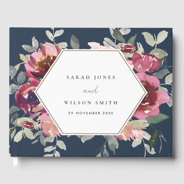 NAVY BLUSH BURGUNDY WATERCOLOR BLUSH BLORAL WEDD GÄSTEBUCH (Vorderseite)