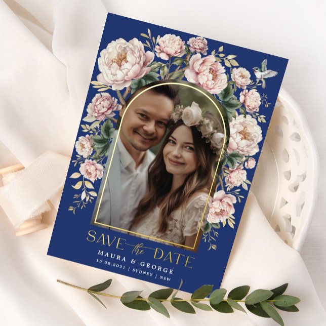 Navy Blush Chinoiserie Blume Foto Save the Date Folieneinladung (Von Creator hochgeladen)