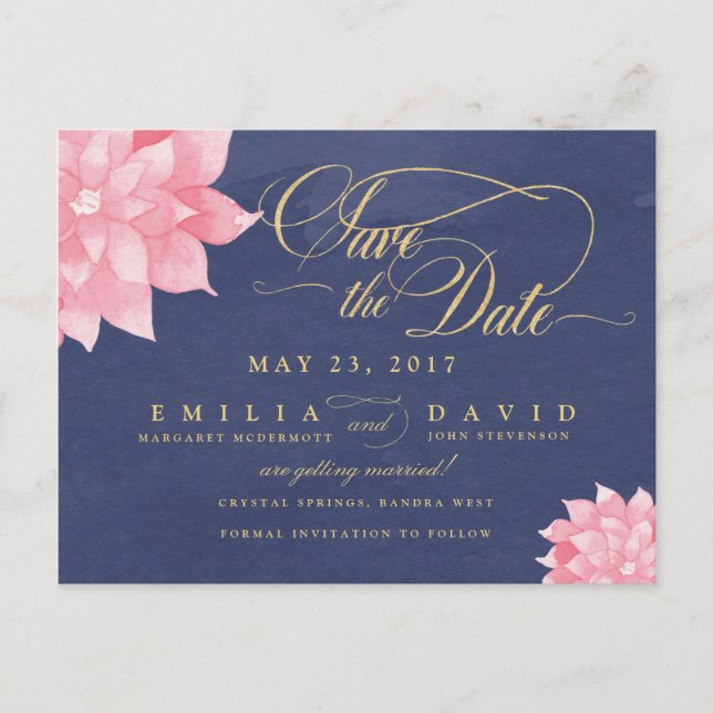 Navy Blush Floral Dahlia Save the Date Postkarte (Vorderseite)