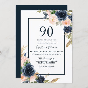 Navy & Blush Floral Elegant 90. Geburtstagsparty Einladung