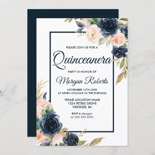 Navy & Blush Floral Elegantes Quinceanera Party Einladung