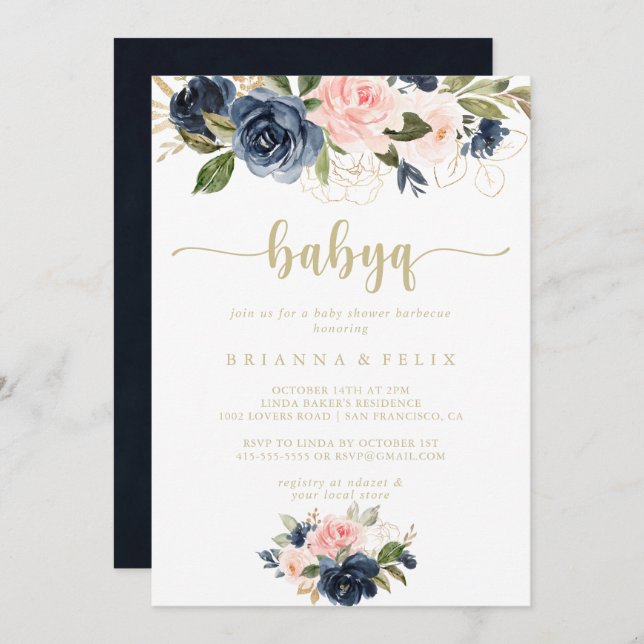 Navy Blush Floral Gold BabyQ Baby Shower Barbecue Einladung (Vorne/Hinten)