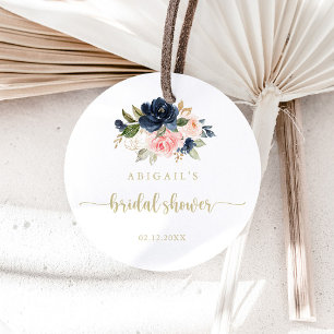 Navy Blush Floral Gold Hochzeitsdusche Geschenk   Runder Aufkleber