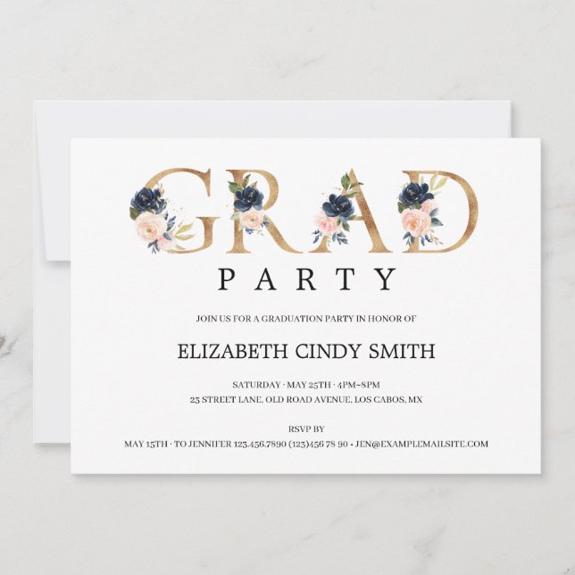 Navy Blush Floral Gold Letter Party Foto Einladung (Vorderseite)