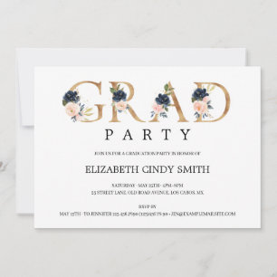 Navy Blush Floral Gold Letter Party Foto Einladung