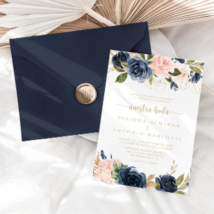 Navy Blush Floral Gold Nuestra Boda Wedding Einladung