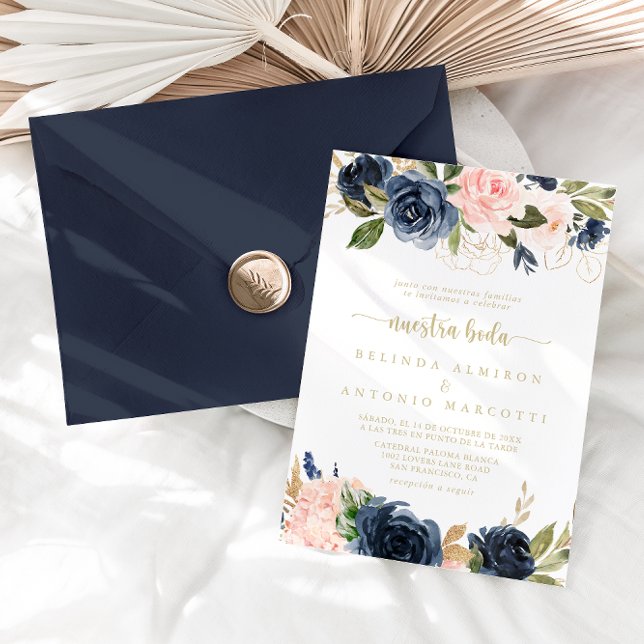 Navy Blush Floral Gold Nuestra Boda Wedding Einladung (Von Creator hochgeladen)