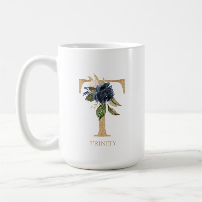 Navy Blush Floral Monogram Letter "T" Personalisie Kaffeetasse (Links)