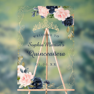 Navy Blush Floral Swirl Quinceanera Acrylzeichen Acrylschild