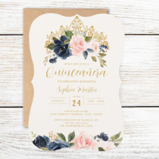 Navy Blush Floral Tiara Quinceanera Einladung