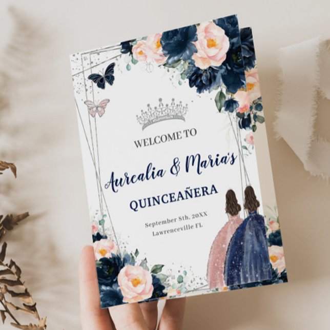 Navy Blush Floral Twins Princess Quinceañera Programm (Von Creator hochgeladen)