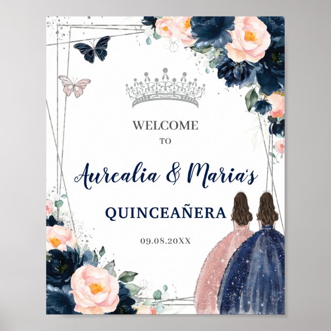 Navy Blush Floral Twins Silver Quinceañera Poster (Vorne)
