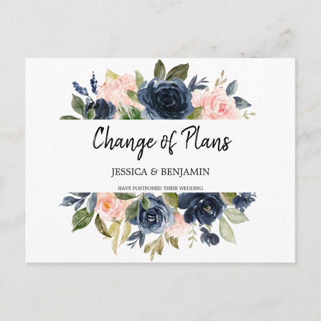 Navy Blush Floral verschoben Änderung der Pläne Postkarte (Vorderseite)