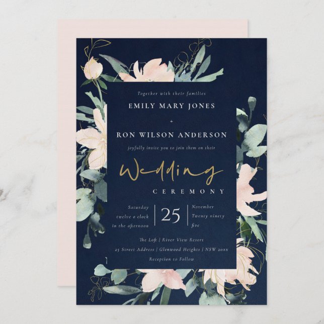 NAVY BLUSH FLORAL WREATH INK WATERCOLOR WEDD EINLADUNG (Vorne/Hinten)