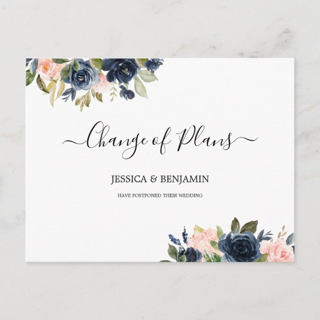 Navy Blush Floral Zurückgestellt Skriptwechsel Plä Postkarte (Vorderseite)