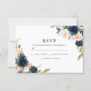 Navy & Blush Florals Elegante Hochzeit RSVP Karte
