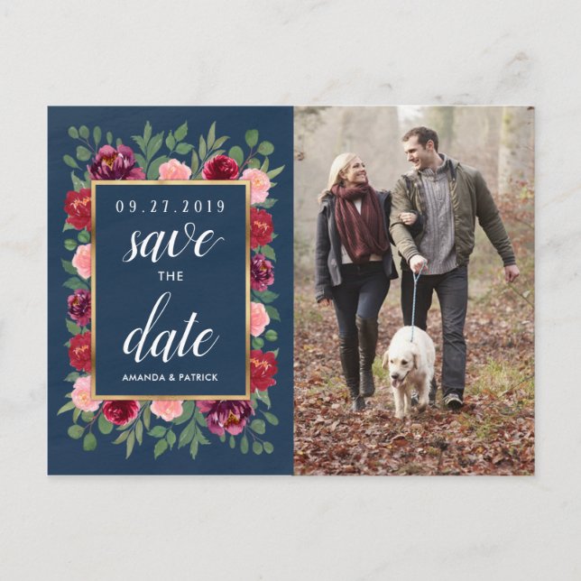 Navy Blush Gold Burgund Save the Date Postkarten (Vorderseite)